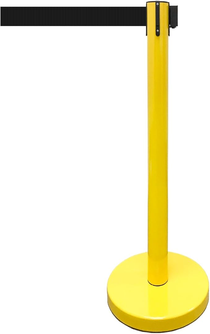 Retractable Stanchion, 6 SPECIALTY Posts + Signframe, 36" Ht, 78" Special Event & Holiday Theme Belt + Bonus Replacement Cassettes + Wall Receiver (YEL Post/Black Belt)