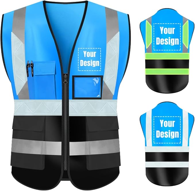 YOWESHOP High Visibility Safety Vest Custom Your Logo Protective Workwear 5 Pockets With Reflective Strips Outdoor Work Vest (L, Blue Black Luminous)