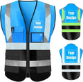 YOWESHOP High Visibility Safety Vest Custom Your Logo Protective Workwear 5 Pockets With Reflective Strips Outdoor Work Vest (L, Blue Black Luminous)