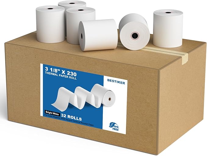3 1/8 x 230ft Thermal Paper 32 Rolls - 80mm Receipt Cash Register Paper, Fits Credit Card POS Square Terminal Printer - Fits Star Micronics TSP100 TSP143 Epson