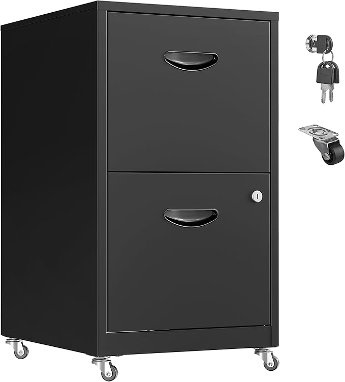 2 Drawer Mobile File Cabinet with Lock, Metal Filing Cabinets with Wheels, Black Rolling Storage Cabinet, Under Desk Vertical File Cabinet for Home Office, Lockable Steel Two Drawer for Letter Size
