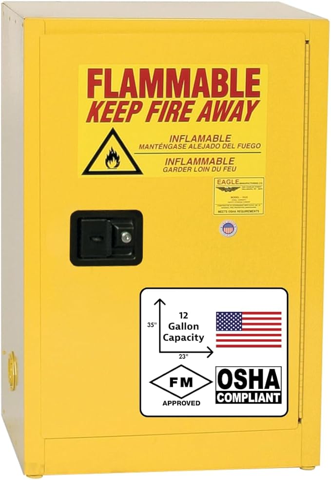 Eagle American Made 12 Gallon F﻿lammable Liquid Storage Cabinet, Manual-Close Space Saver Fireproof Cabinet for Schools, Garages, Manufacturing Facilities, 23" x 18" x 35", 1925X