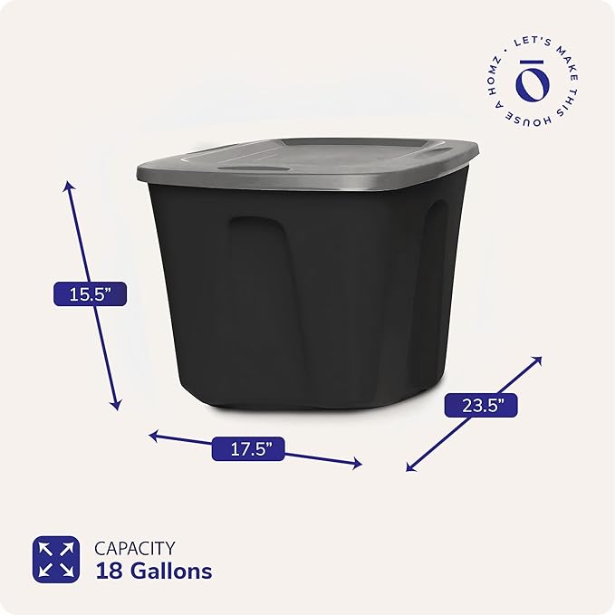 HOMZ Durable Molded Bin, Plastic Storage Container with Lid, 18 Gallon, Black/Gray - Stackable Organizer Totes and Boxes for Bedroom, Kitchen, and Garage Organization