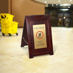 SmartSign Premium "Caution Wet Floor" Wooden A-Frame Standing Floor Sign with Symbol, 2-Sided, 24" x 15", Hardwood Pine Frame, 120 mil Brass ACM Sign Face, Black on Gold, Made in USA