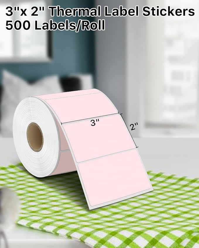 iEager 3" x 2" Thermal Labels, Rectangle Thermal Printer Stickers, Self-Adhesive Durable Sticker with Perforation Line, 500 Labels/Roll, Pink