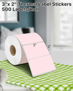 iEager 3" x 2" Thermal Labels, Rectangle Thermal Printer Stickers, Self-Adhesive Durable Sticker with Perforation Line, 500 Labels/Roll, Pink