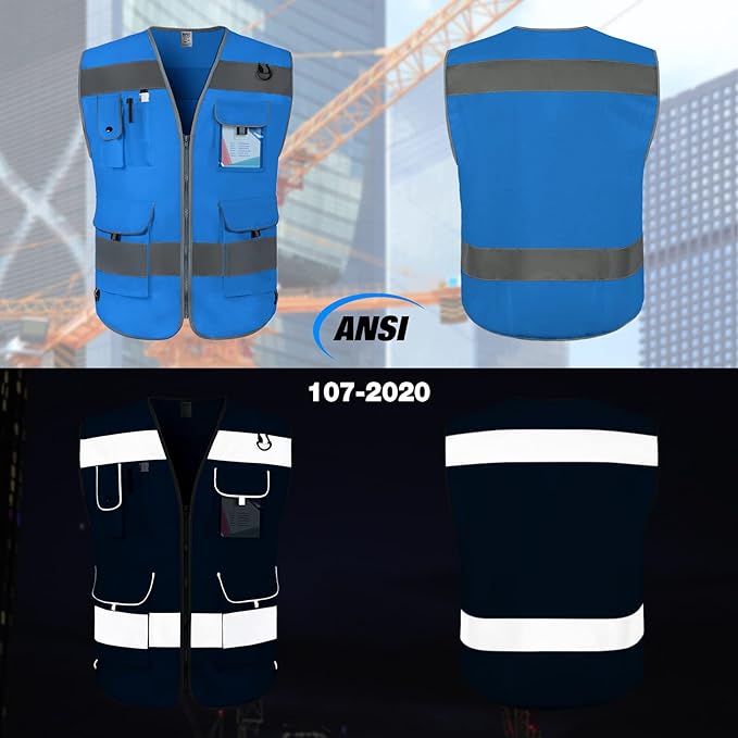 TCCFCCT Reflective Safety Vest 9 Pockets High Visibility Vest for Men Women, Hi Vis Reflective Work Vest for Safety, Meets ANSI/ISEA Standards, (Blue, XX-Large)