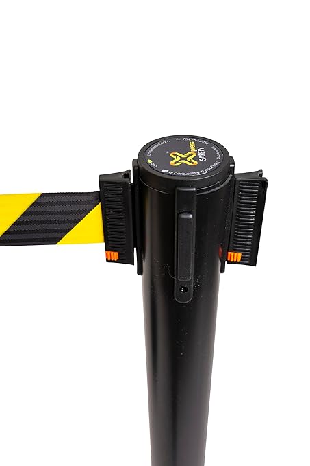 Xpress Safety Stanchion– 11’ Premium Polyester Belt, Universal 4-Way Connection, Rubber Base, Handle, 40” Height, 21 lbs – (Outdoor Black Post, Rubber Base, 11’ Chevron Yellow/Black Webbing)