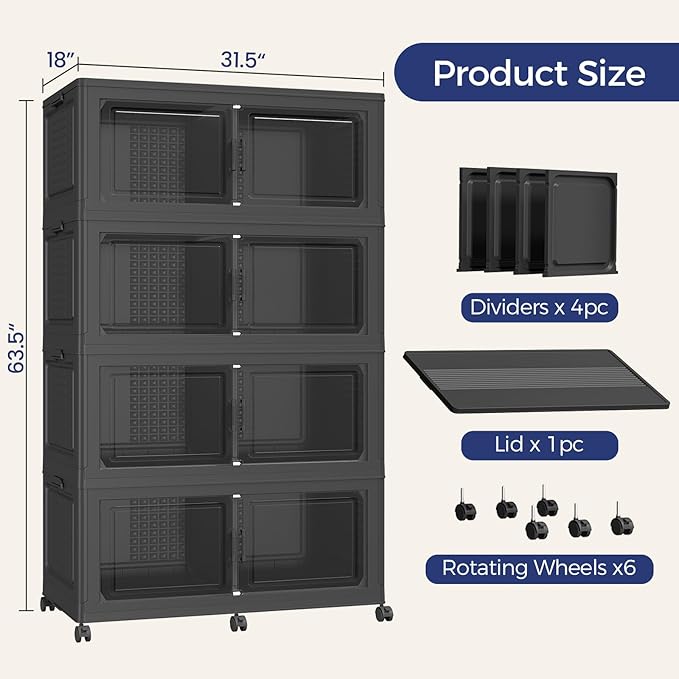 800 QT Extra Large Stackable Storage Bins with Lid, 200 Gal Collapsible Storage Box with Wheels, Folding Closet Organizers and Storage Cabinet with Doors for Home, Kitchen, Office, 4Pack Black