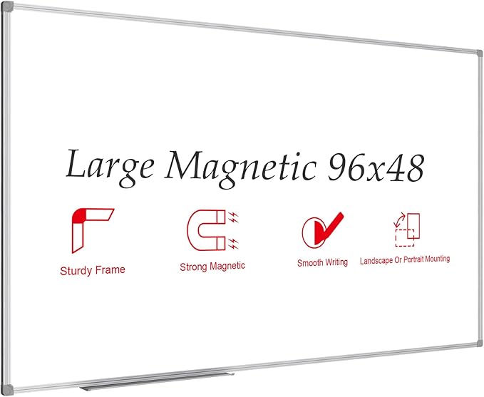 JILoffice Large Magnetic White Board, Dry Erase Board 96 x 48 Inch, Silver Aluminum Frame Wall Mounted Board for Office Home and School