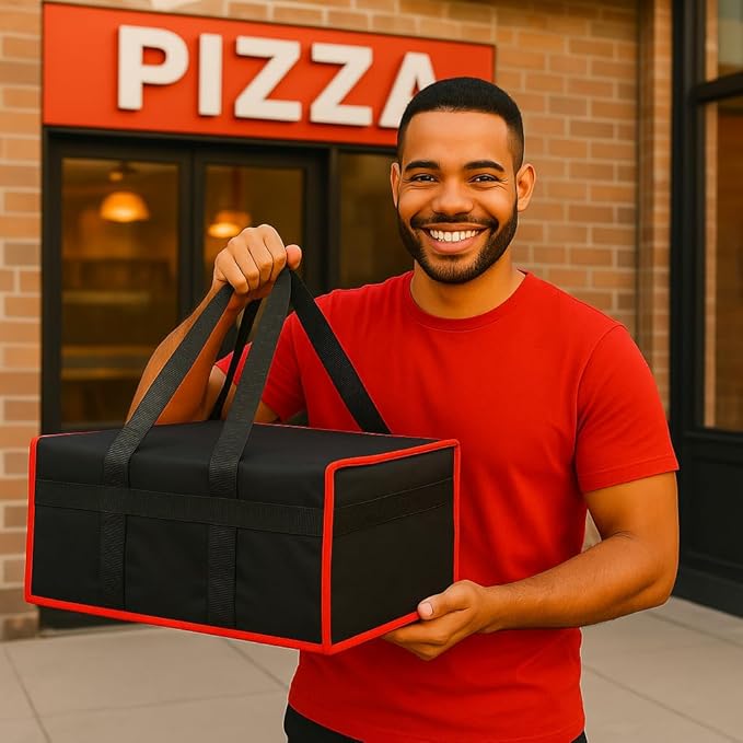 Bodaon Insulated Pizza Bags for Food Delivery 16" x 16" x 6", Compact Pizza Bag Holds 3 Boxes, Foldable Thermal Carrier for Delivery Staff Black-Red