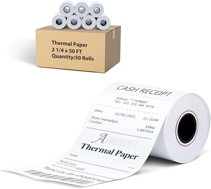 AUEAR, Thermal Cash Register POS Paper Rolls, 2 1/4" x 50' - BPA Free (50 Pack)