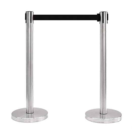 VIP Crowd Control Retractable Belt Stanchion Queue Safety Barrier Set, 36" Ht, 78" Belt + Wall Bracket (6 Satin Stainless Posts Black Belt + SFrame + WBracket)