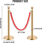 6PCS Stainless Steel Stanchions w/ 4 Red Velvet 5ft Carpet Ropes - Hollow Base for Red Carpet Queue - Crowd Control Barriers Ideal for Party, Wedding, Hotels, Exhibitions - Gold