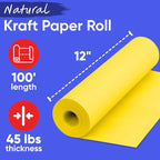 USA Made 12" x 1200" Yellow Kraft Paper Roll, 45 lbs Thickness, American Quality Colored Kraft Paper for School, Poster Arts, Crafts, Bulletin Board Roll - Odorless, Non-Toxic, Safe for Kids