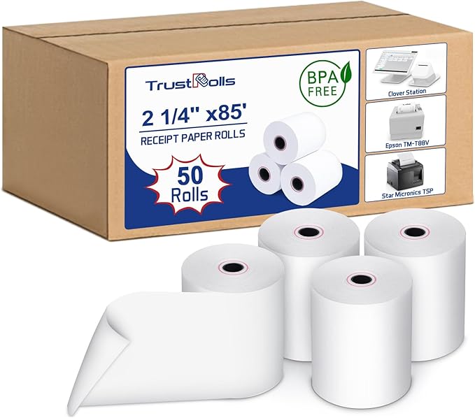 Premium 2 1/4 x 85 Thermal Paper Rolls - BPA Free Credit Card Receipt Paper, 50 Rolls/Case for POS & ATM Systems