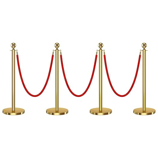 4 PCS Stanchions and Velvet Ropes, Gold Posts 5 Feet Crowd Control Barriers, Stainless Steel Poles for Red Carpet Themed Party Decoration (Golden)