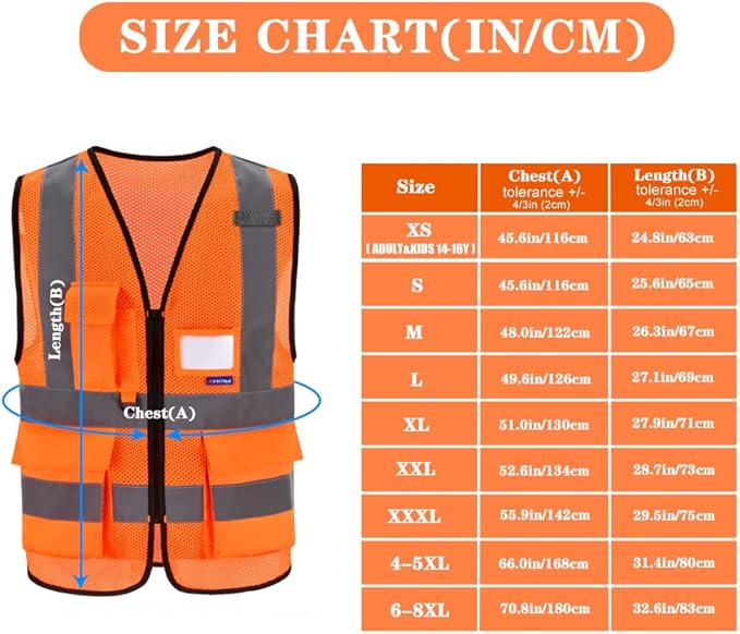 A-SAFETY Orange High Visibility Safety Vest Reflective, 3M Multi Pockets Working Vest Working Uniform Zipper Front ANSI/ISEA Standards 7 Pockets Class 2,2XL