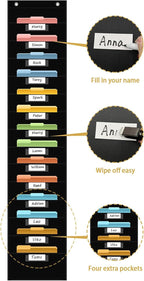 14 Pocket Hanging File Organizer with 14 Nametag Pockets. Black File Storage Pocket Chart for Classroom or Office Use. Perfectly Organizes Assignments, Files, Scrapbooks, and Documents.