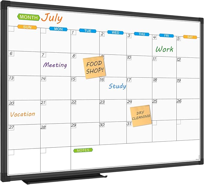 JILoffice Magnetic Dry Erase Calendar Whiteboard, 1 Month White Board Calendar Planner 24 X 18 Inch, Black Aluminum Frame Wall Mounted Board for Office Home and School