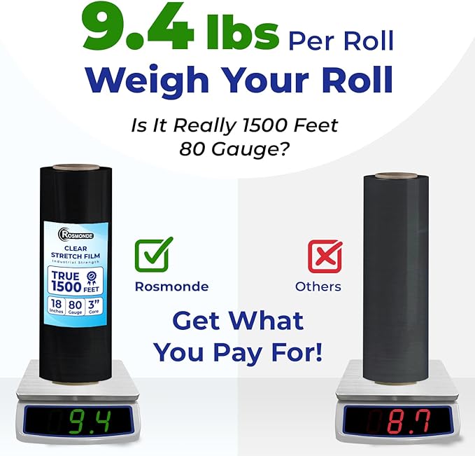 Rosmonde Bulk Plastic Wrap for Moving, 5 Pack, True 18" x 1500 ft Black Shrink Wrap, 80 Gauge / 20 Microns, Industrial Strength Pallet Stretch Wrap, 9.4 lbs/Roll, Black Heavy Duty Shrink Wrap Roll