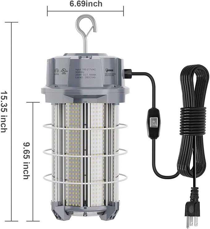 250W LED Temporary Work Light 37,500 Lumen Construction Lights 5000K LED Work Light with Stainless Steel Shield and Hook for Indoor Outdoor Job Site Lighting
