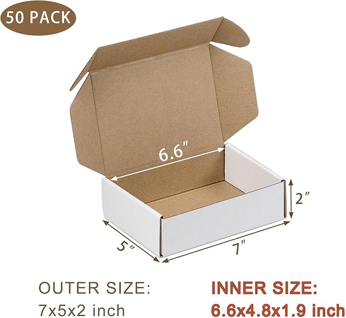 50 Pack 7x5x2 Inches Small Shipping Boxes, White Corrugated Cardboard Boxes, Moving Mailing Packing Box…