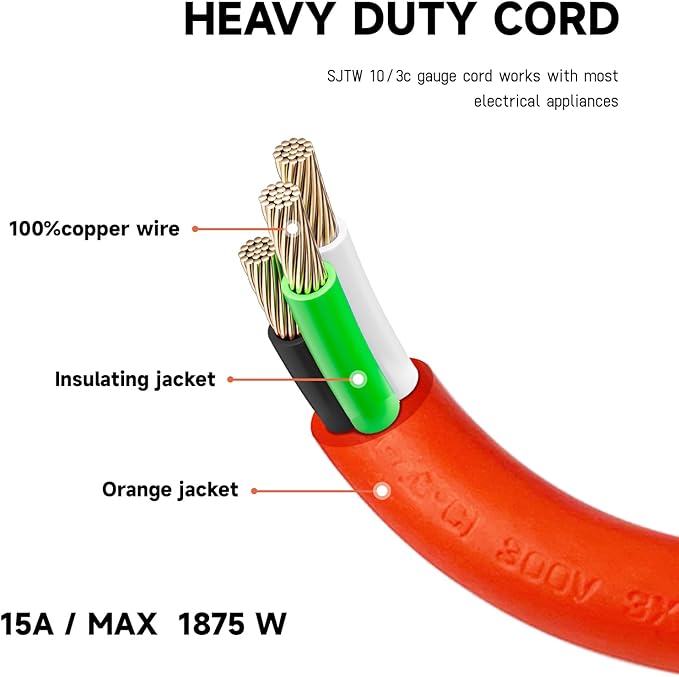 EP 30 Ft Lighted Outdoor Extension Cord - 10/3 SJTW Heavy Duty Orange Extension Cable with 3 Prong Grounded Plug for Safety, UL Listed