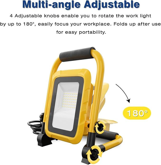 LHOTSE 5000LM LED Work Light, 30W Portable Flood Light with Socket, Outside Work Lights with Stand, Angel Adjustable Worklight for Workshop Garage,Construction Site, IP54 Waterproof