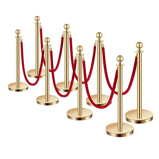 VEVOR Stanchions and Velvet Ropes 8Pcs, Hollow Base with Stainless Steel Post, 6 Red Velvet Ropes and Posts, Crowd Control Barriers Gold Stanchions, Red Carpet Runner Poles for Party Supplies