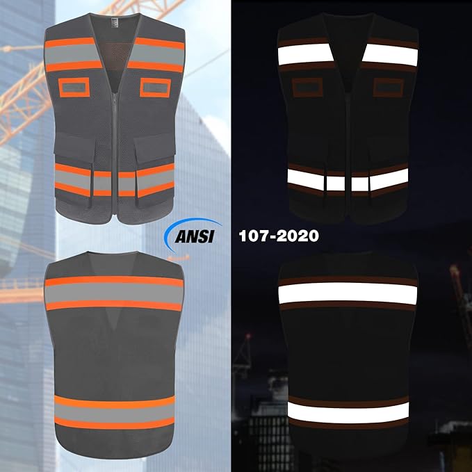 TCCFCCT Mesh Hi Vis Vest with Pockets High Visibility Reflective Safety Vest for Men Women, Construction Vest with Fluorescent Orange Extend Edge, Meets ANSI/ISEA Standards, Grey, 4XL