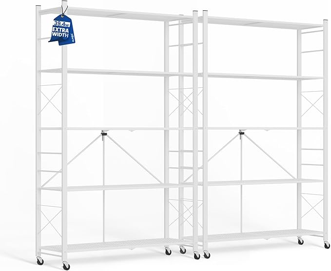 ALANNG 40" W Foldable 5-Tier Storage Shelves with Wheels, Adjustable & Removable Metal Rack, Heavy Duty Rolling Organizer for Kitchen, Garage, Closet, Pantry, and Office (White,2 Pack)