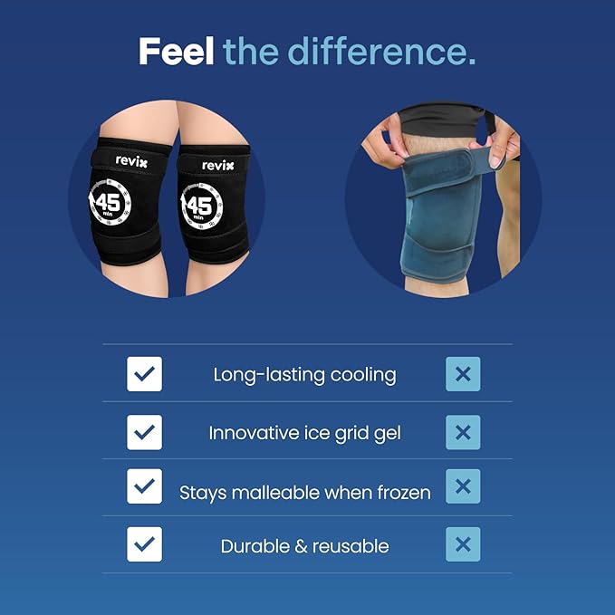 REVIX 2 Packs Knee Ice Pack Wrap, 45-Minute Long-Lasting Ice Pack for Knees with Ice Grid Gel Design, Reusable Gel Ice Wrap with Cold Compress Therapy for Thighs, Elbows, Calves & Legs (12" × 9.5")