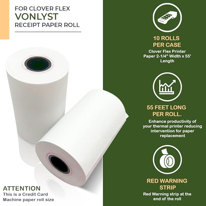 Thermal Paper Roll for Clover Flex Receipt Paper 2 1/4 x 55 (10 rolls)