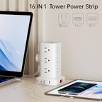Surge Protector Power Strip Tower with Flat Plug, 10FT Ultra Thin Extension Cord with Multiple Outlets (1 USB-C), 1020J Protection，Desk Charging Station for Office, Dorm Room Essentials