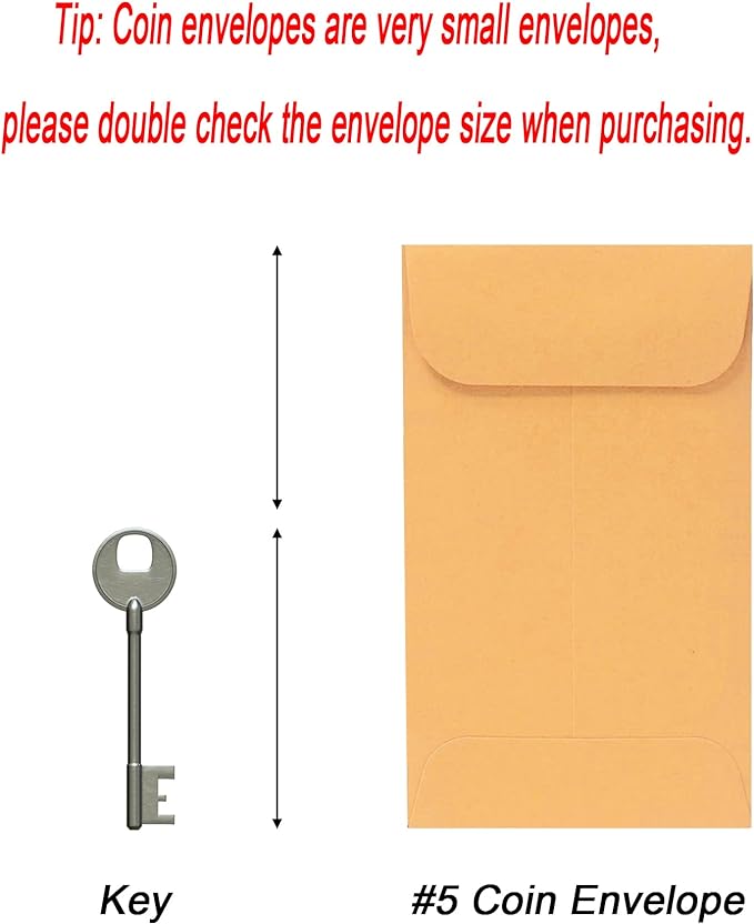 200PCS #5 Coin Envelopes 3.125x5.5 inches Brown Kraft Envelopes Classic Small Parts Gummed Flap for Coins, Cash, Credit Cards, Seeds