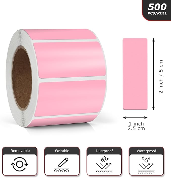 Pink Rectangle Stickers 2 x 1 Inch Color Coding Labels Vinyl Roll Self-Adhesive Waterproof Removable 500 PCS