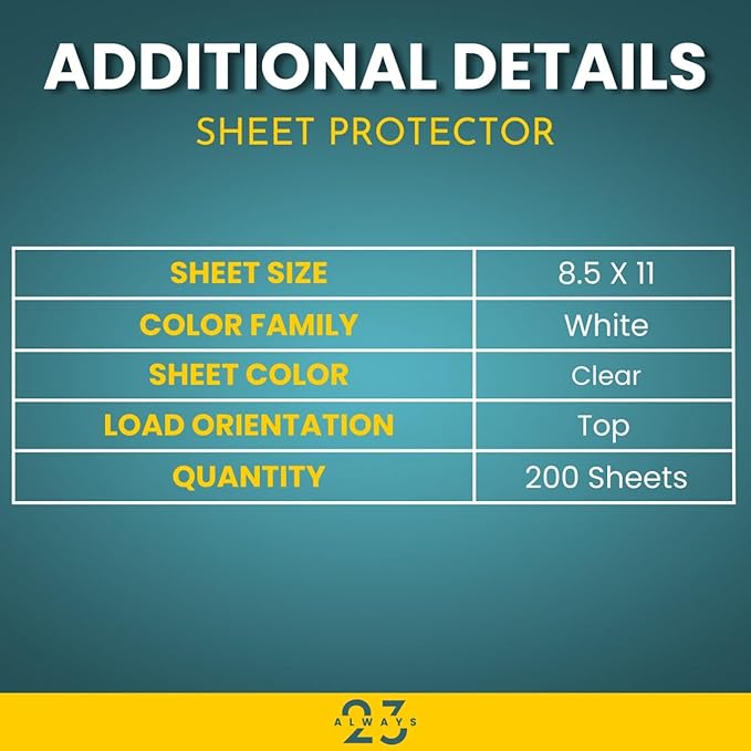 Always23 Sheet Protectors, Clear Sheet Protectors, Plastic Sheet Protectors, Nonglare, Economy 200 Pack