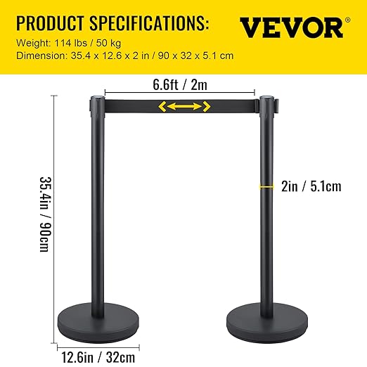 VEVOR Crowd Control Stanchion Set, Stanchion Set with 6.6 ft/2 m Black Retractable Belt, Black Crowd Control Barrier w/Concrete and Metal Base - Easy Connect Assembly (8)