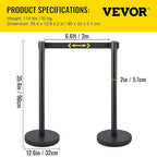 VEVOR Crowd Control Stanchion Set, Stanchion Set with 6.6 ft/2 m Black Retractable Belt, Black Crowd Control Barrier w/Concrete and Metal Base - Easy Connect Assembly (8)