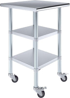 AmGood Stainless Steel Work Table with 2 Shelves and Casters | Metal Utility Table On Wheels (Stainless Steel Work Table with 2 Shelves + Casters, 24" Long x 24" Deep)