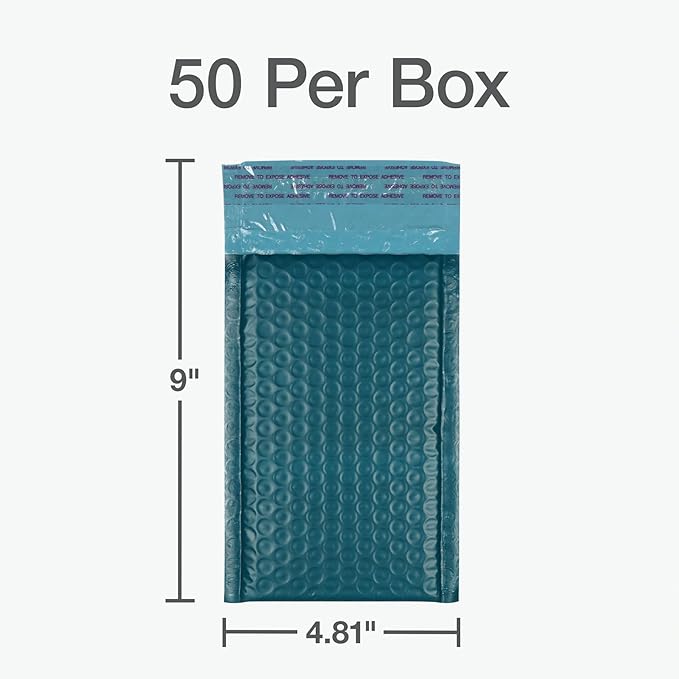 Quality Park Bubble Mailers, 4 x 8 Shipping Envelopes, Self-Seal, Small Blue Padded Envelopes, Redi-Strip Peel Off Closure, 50 Per Box (QUA85909)