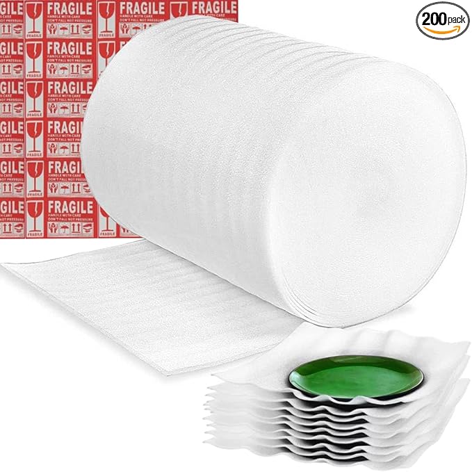 Moving Supplies, Foam Wrap Roll 16" Wide x 160' Length, For Protecting Fragile Articles,Furniture,Transportation Packing,Stuffing of Carton,with 60 Fragile Stickers (16"160')