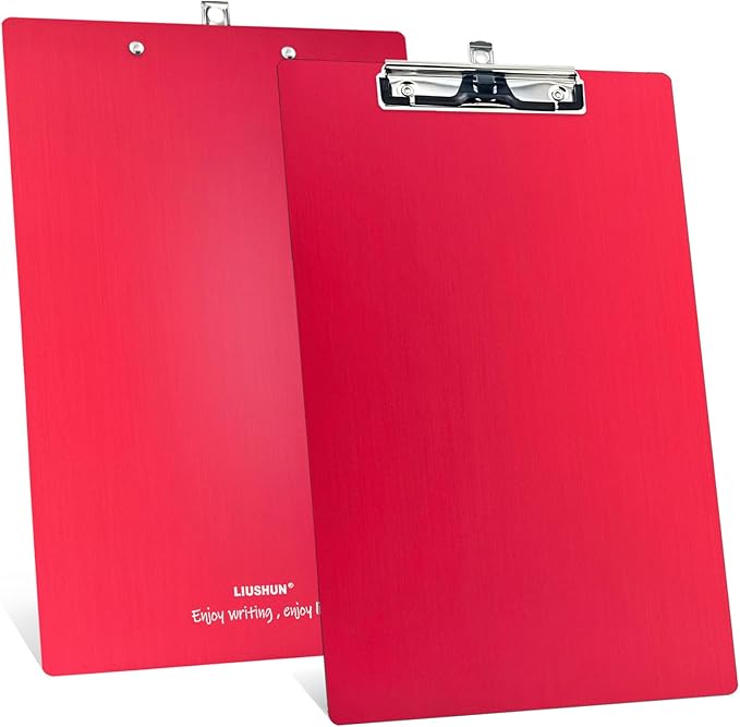 Legal Aluminum Clipboard Metal w/Stainless Hangable Pen Holder Writing Low Profile Large Clip Board 9" x 15.5" Message Tabletop for Lawers Office Business Workshop Factory Supplies (Red, Legal)