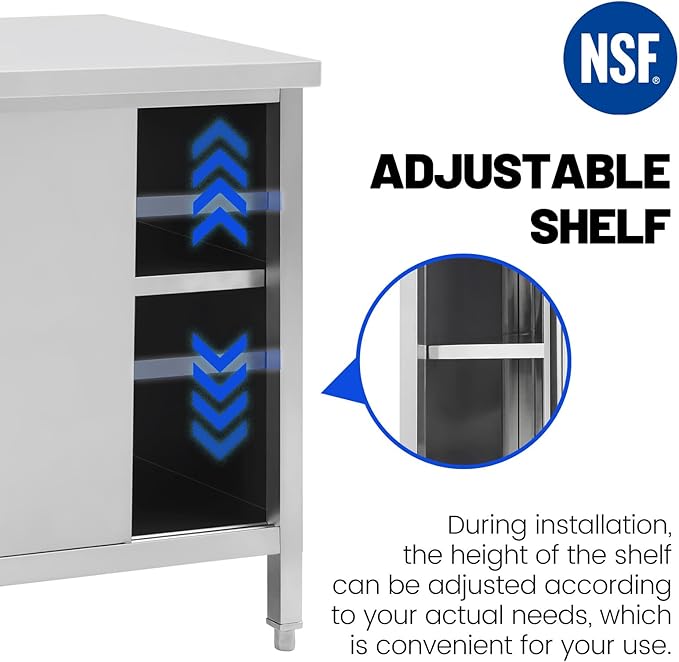 Hally Stainless Steel Cabinet, 24" x 60" NSF Commercial Heavy Duty Prep Workbench with Two Sliding Doors, Large Storage Cabinet, Metal Table for Kitchen, Restaurant, Garage