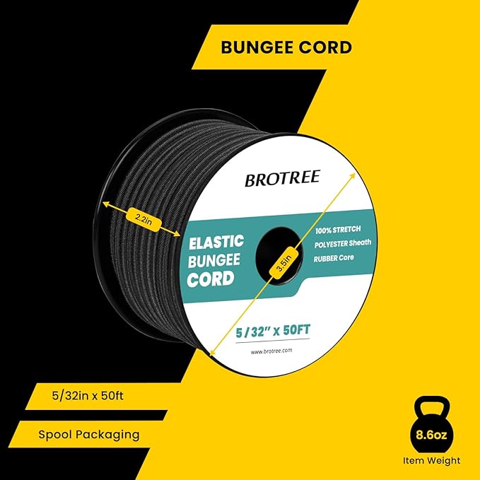 Bungee Cord Elastic Shock Cord 5/32" x 50' Bungee Rope for DIY, Tie Downs, Kayak and Outdoor - Black