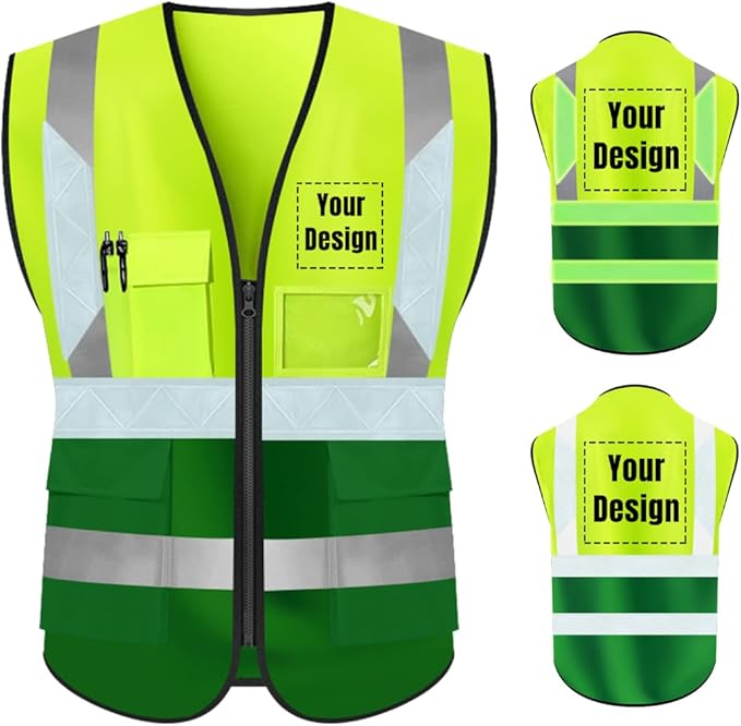 YOWESHOP High Visibility Safety Vest Custom Your Logo Protective Workwear 5 Pockets With Reflective Strips Outdoor Work Vest (XL, Yellow Green Luminous)