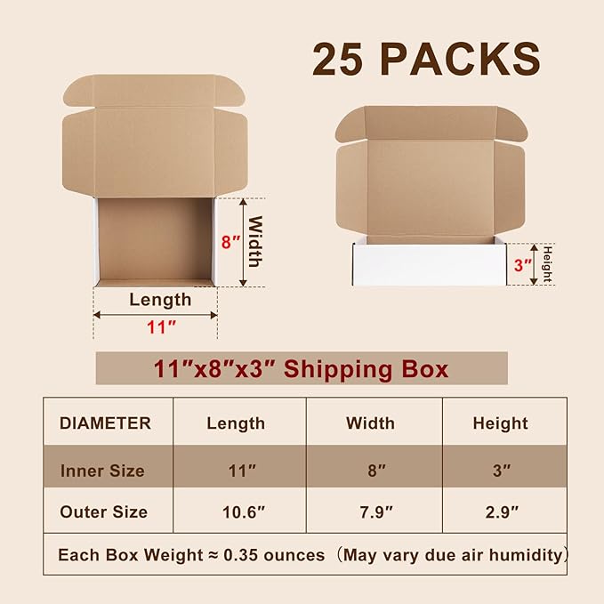 11x8x3 Inches Shipping Boxes Set of 25, White Corrugated Cardboard Box, Mailer Boxes for Small Business