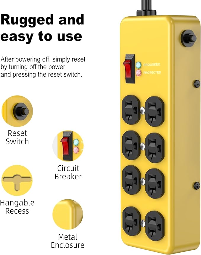 Heavy Duty Power Strip 20 amp,Metal 8 Outlet Power Strip,Wall Mount Surge Protector 4800J,12 Gauge 6FT Extension Cord 5-15P Adapter Workshop & Industrial Use with 6-20R T-Slot Outlets