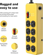 Heavy Duty Power Strip 20 amp,Metal 8 Outlet Power Strip,Wall Mount Surge Protector 4800J,12 Gauge 10FT Extension Cord 5-15P Adapter Workshop & Industrial Use with 6-20R T-Slot Outlets
